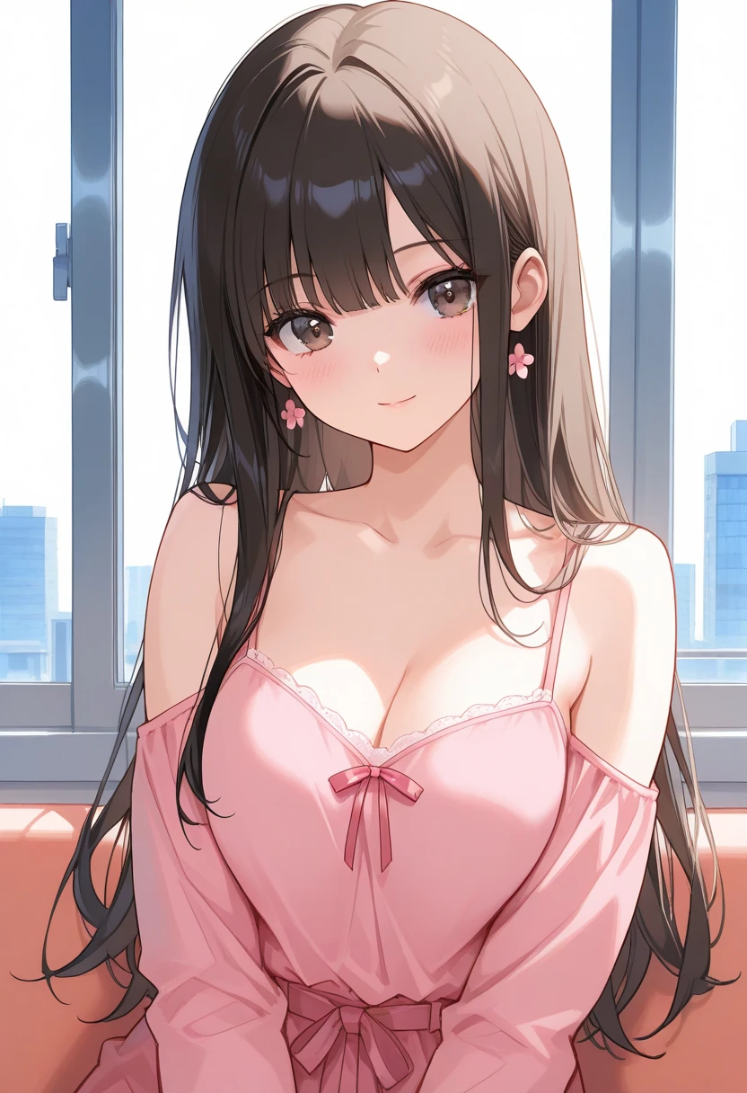 best quality, highres,Slender、brown eyes、tall、black hair、(bangs parting:1.5)、long hair,straight hair、classroom、19 years old、(pink lace bra:1.5)、(black skirt:1.3)、 8 heads tall