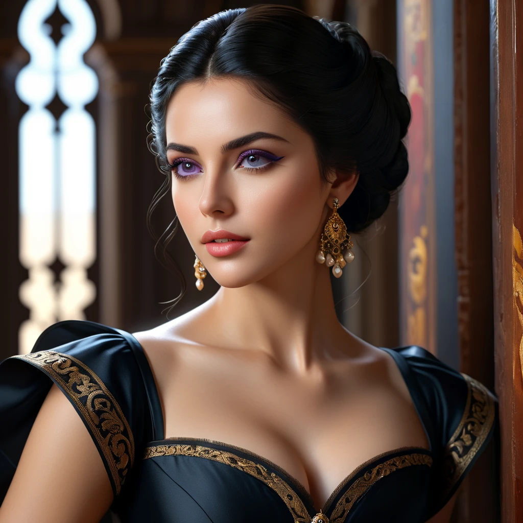 woman, black hair, elegant hairstyle, large bust, princess dress, decorated blue dress, looking at the camera, photorealistic