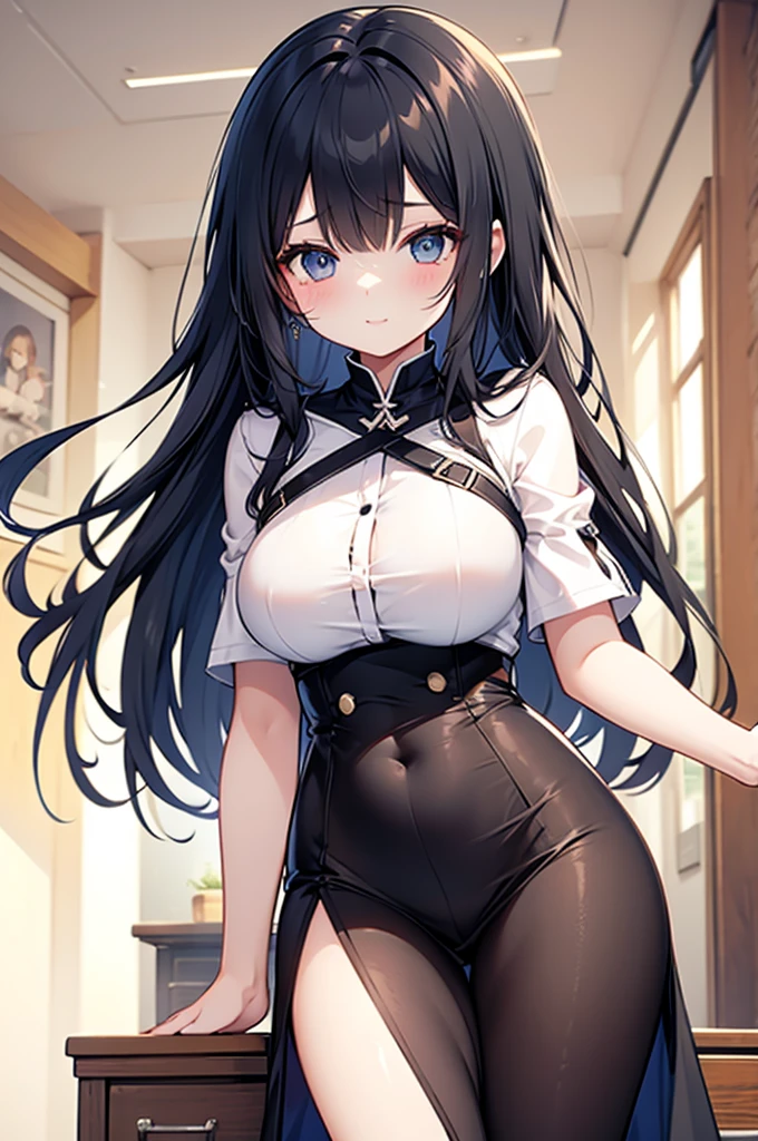 punctuation_9, punctuation_8_High above, punctuation_7_High above, punctuation_6_High above, punctuation_5_High above, punctuation_4_High above, yuki suou, Bblack hair, long hair, purples eyes, 1 girl, standing alone, eyes locked, Secretary, headdress, overskirt, ssmile,Secretary, thicc thighs, overskirt preta curta, pantyhose, social shirt, fully body,
