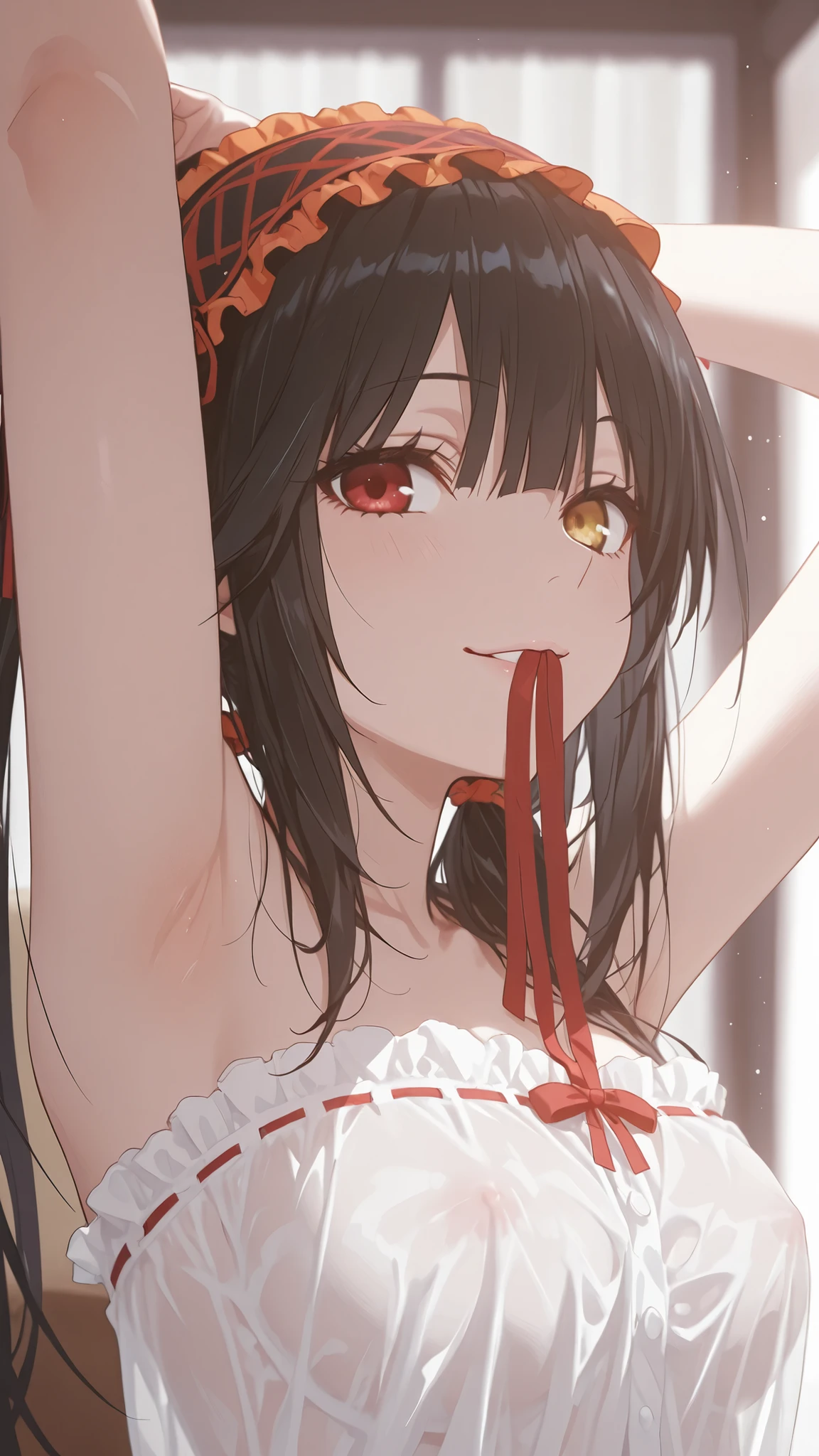 1girl, tokisaki kurumi, two ponytails, watch eyes, long hair, {{{{{black hair}}}}, yellow eyes, red eyes, heterochromia, {{medium breasts)), {{{naked}}}, {{high-quality and detailed genitals for gynecological purposes}}, high stockings, garters, living room, stands, mischievous smile, seductive, attractive, graceful hands, perfect hands,dynamic pose, dynamic angle, very beautiful, best quality, masterpiece, super detailed, very aesthetic, perfect fingers, perfect eyes, perfect hair, {{{{{{High-quality and detailed five fingers their size is anatomically correct}}}}}, {{low twintails}}, {{night}}, {{{No wristwatches.}}}, (((sexy focus face)))