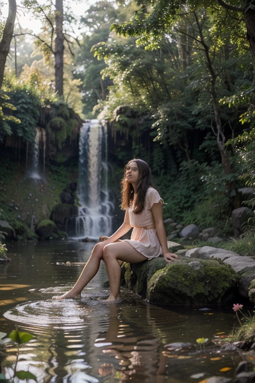 Mulher de Arafed sentada em uma rocha em frente a uma cachoeira, ao lado de uma cachoeira, amidst nature, deusa da natureza, na natureza, em uma selva, banho em cachoeira, em um ambiente de selva, setting in nature, foto de retrato, beleza natural, standing near a waterfall, na floresta da selva, solitude under a waterfall, com uma cachoeira, na selva