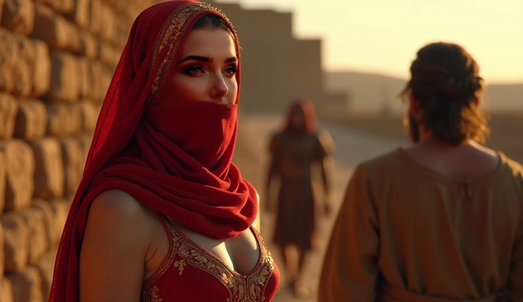 arab slave market, all women wearing headscarves, all women tied up, arms behind back