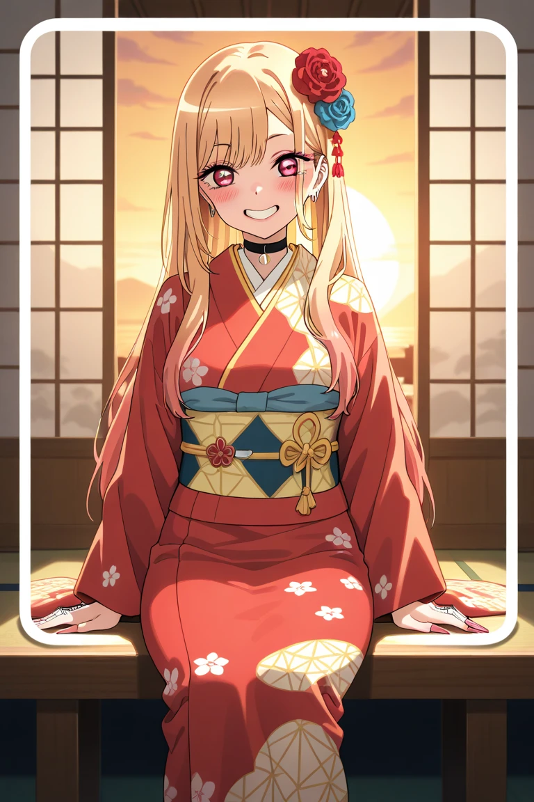 animated cartoon、One blonde girl with red eyes、Kimono、butterflys々Hair ornaments