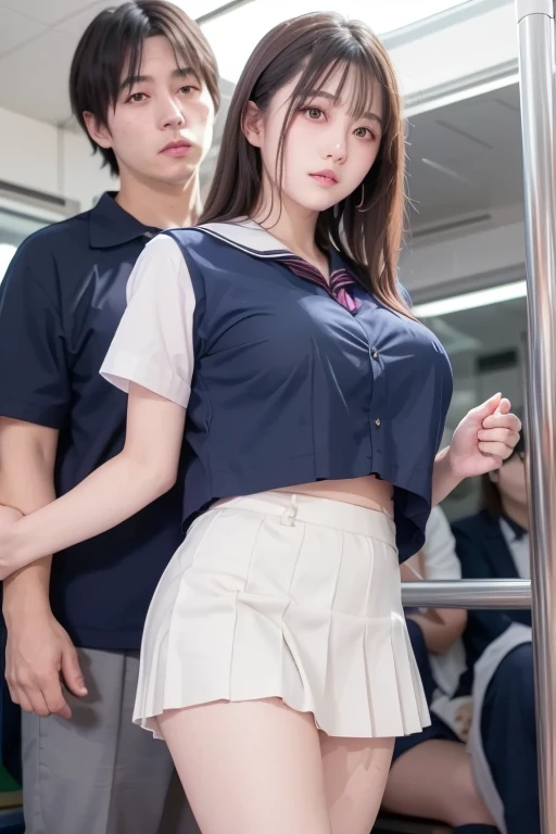 (32K, HDR, High resolution), (nsfw,Full body photo,Raw photo,POV, Hyperrealism, masterpiece, Highest quality, ultra High resolution), (Pin Light, Backlight,Cinematic Light),Close-up of a sexy woman(Japanese school girl uniform outfit,Japanese Sailor Suit,mini skirt,See-through,Wet and see-through jacket,Beautiful Japanese prostitute,((Normal position,sex,A high school girl has her big breasts squeezed,Her large breasts are being fondled by multiple men with multiple hands,A high school girl is gang-raped by many men,Woman being penetrated on train,Woman being penetrated in M-leg position,Schoolgirl being penetrated in various positions,vaginale,sex))), (Huge breasts,Very heavy,Very large, round breasts,Incredibly big boobs,Her costume shifts to reveal her large breasts,Deep cleavage,A glimpse,Nipples),(Hyper Detail, finely,(Shot from the surroundings,Shooting from an upper angle)),Slender Style,(Korean Idol:1.3,A detailed face:1.3),Beautiful Goddess,Disliked expression,Ahegao,ecstasy,Troubled face,Woman crying after being inserted,Crying face,Sexy look,Small, plump lips, Straight and cute nose, A little redness on the cheekbones,Long and beautiful eyelashes,Beautiful Face,Narrow waist,Perfect Style