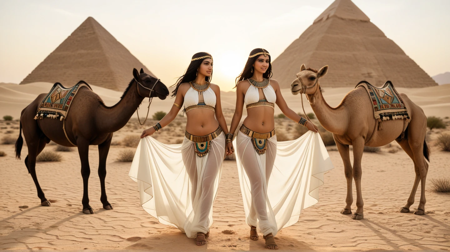 cleopatra stand by pyramid with shrunken people from behind  turned into a giant taller than pyramids 
