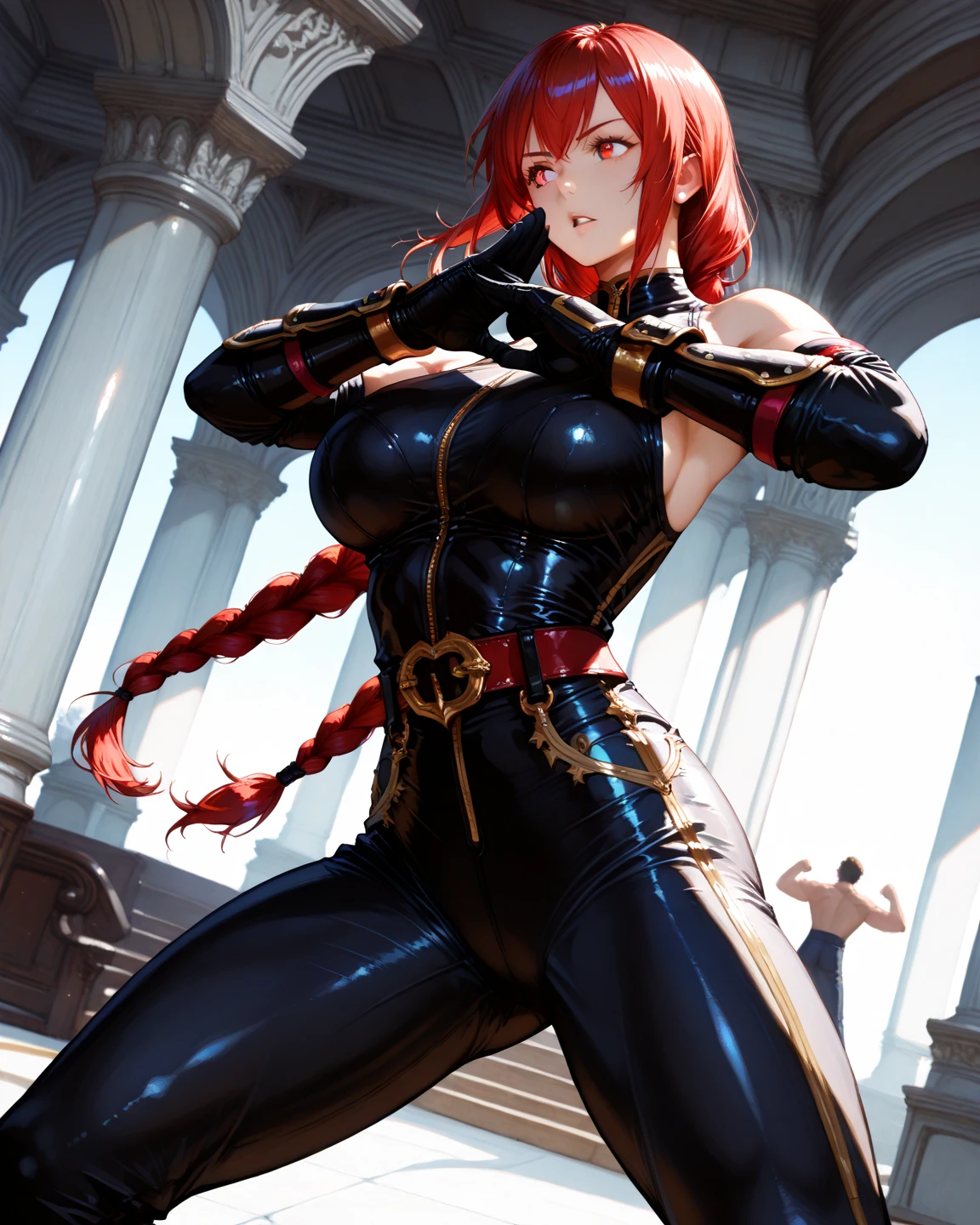 ((Jennifer Garner as Electra)), Red hair, cameltoe, camel toe, masuter piece, best qualtiy, ((realisitic)), ((1 person)), 8K picture quality, extremely delicate and beautiful, magnifica, Official art with attention to detail, Ridiculous, unbelievable Ridiculous, huge filesize, ultra-detailliert, ighly detailed, (Pretty Woman), (Detailed and muscular woman),, ((Perfect female figure)), Slim waist, Cover your chest with your hands, (tattoos all over body)), With a powerful presence, Her body decorated with a unique blend of abstract and realistic designs, Digital Art, Altgerm, hyperdetails, Top Fade, Cowboy Shot, Dark Fantasy,(best quality,4k,8k,highres,masterpiece:1.2),ultra-detailed,(realistic,photorealistic,photo-realistic:1.37),armor-clad muscular girl,shiny metallic armor,golden emblems and intricate engravings,strong defined muscles,glistening sweat on her forehead,equipped with a majestic sword and a shield,standing on a rocky battlefield,overlooking a vast kingdom in ruins,menacing storm clouds in the sky,dramatic lighting casting deep shadows and highlighting her fierce expression,vibrant and bold color palette,subtle touch of magical glow emanating from her armor, illustrates a sense of power and strength,combined with a hint of vulnerability in her eyes,ready to defend and restore peace to the shattered kingdom, muscular:1.9