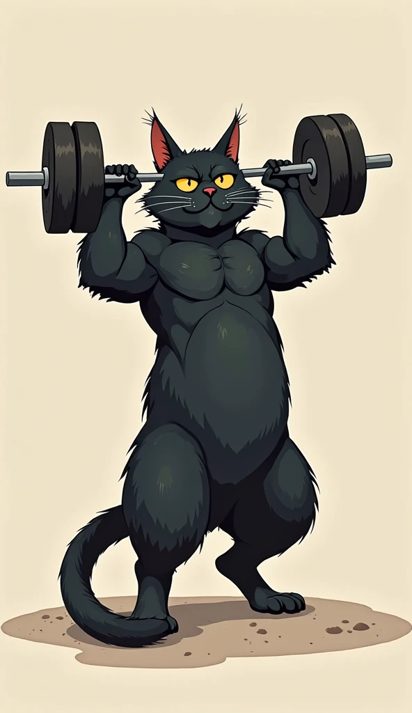 A black cat is doing muscle training、Lifting dumbbells、Anime Style、Human figure