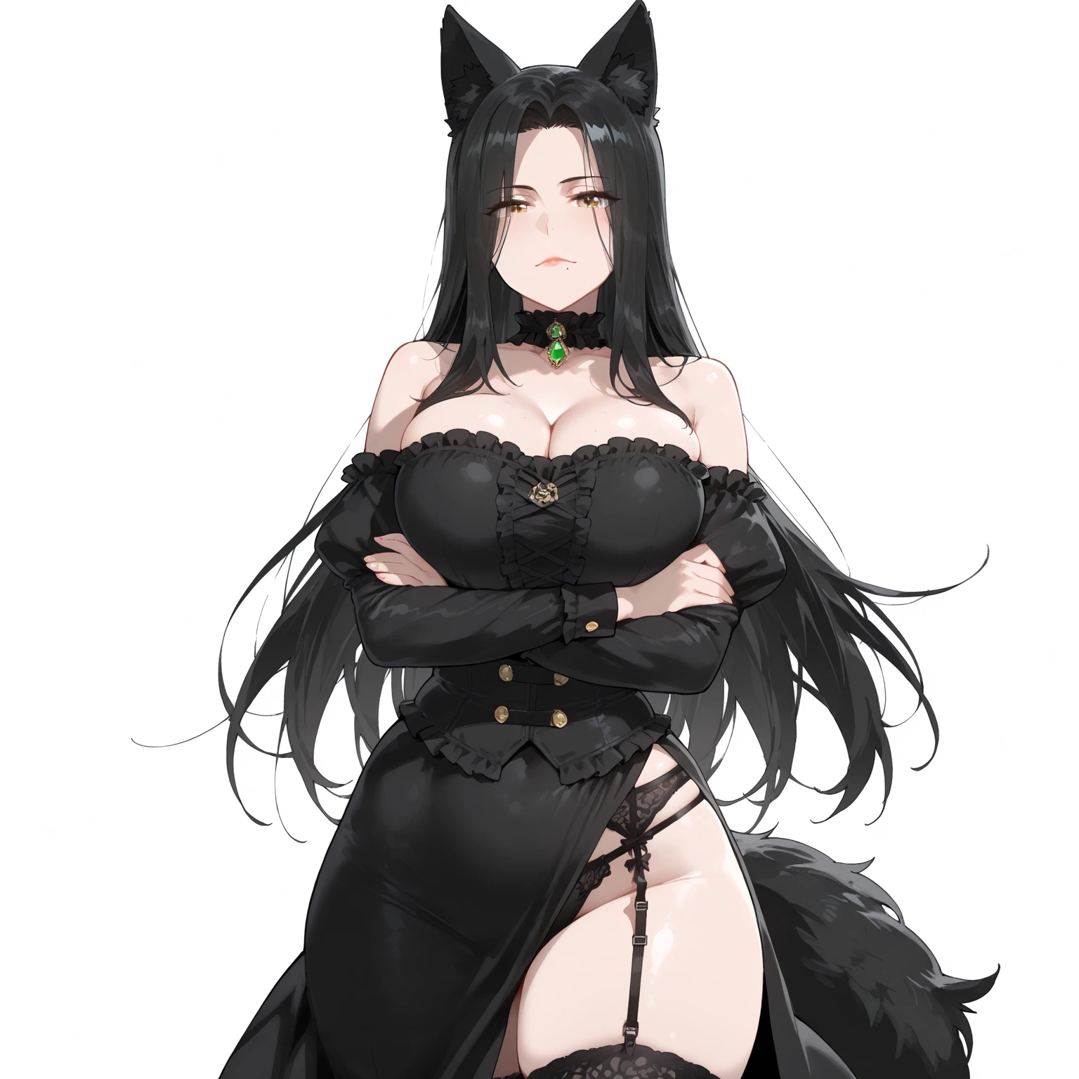 Beautiful black Kitsune, red eyes, highly detailed face, highly detailed eyes, big breasts, sexy figure, mature woman, several black kitsune tails, soft long Black Kitsune ears, Wearing Hunter outfit (Bloodborne), wide waist