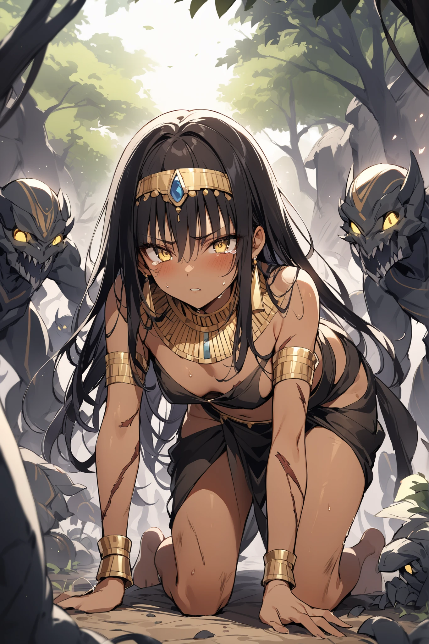 ((masterpiece,Highest Quality:1.2)),(soro),An ancient Egyptian princess with a slender figure and thin legs who is defeated and surrounded by many monsters on the dark battlefield、and crawls on all fours on the ground,cowboy shot, healthy tan skin ,Injury to the whole body,sweat,black long hair,Perfect yellow eyes, tree eyes ,serious expression,sheds tears,hair accessories with luxurious gold ornaments,Ancient Egyptian costume with torn white undertones,Gold Earrings