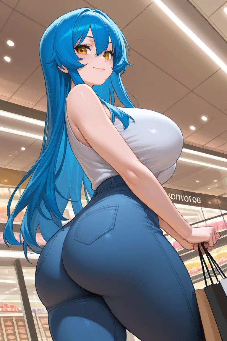 Blue haired woman with very hot big ass in thong panties and garter belt and Corvette focus of the image is on the character's ass rear image low angle huge, round and perky ass thin waist and wide hips