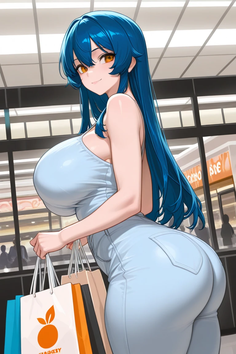 smile, Pencil_Dress, pink eyes, green hair, wide hips, gigantic breasts, cityscape, gigantic breasts