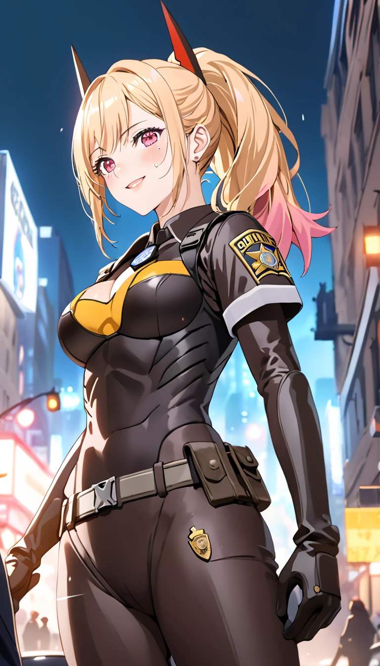 (8k),(masterpiece),(Japanese),(),((innocent look)),((Childish)),From the front,smile,cute,Innocent,Kind eyes,Flat chest,Hairless vagina, Cameltoe,Black Canary Costume, Black Leather Jacket,semi-long,Hair blowing in the wind,Blonde Hair,Strong wind,night,dark, Neon light cyberpunk city