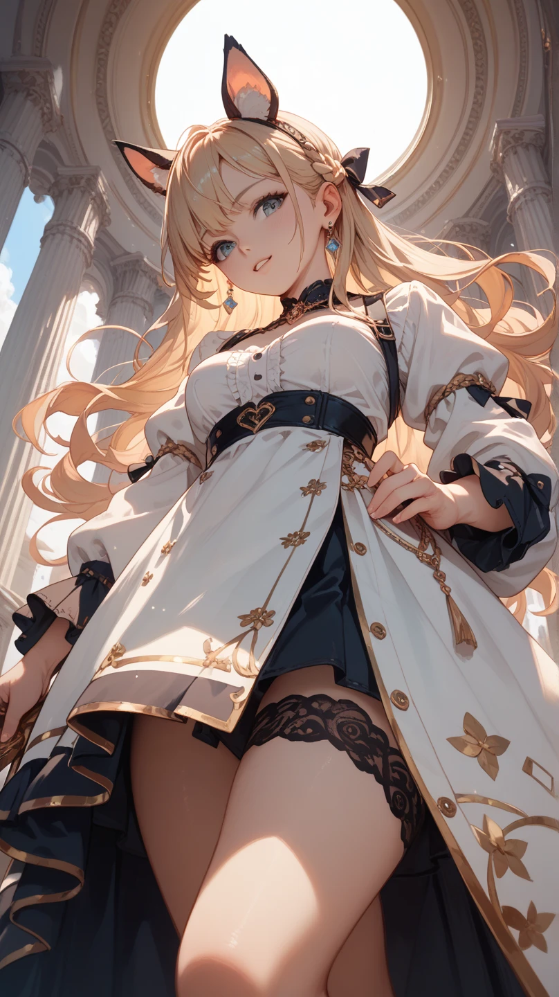 Very big breasts、realisitic、Depiction of swaying breasts、cute little、Beautie、stylish and attractive woman、Top image quality、masutepiece、Green long hair、Detailed eyes、Orange Eyes、Dress up and show off your outfit、Exposure of plump breasts、Thigh exposure、exposed profile、Best Quality、autofocus、Focus Zoom、Depth of subject、Jumping、heavy wind、habbuki、Very blue sky、laugh with half-closed eyes、Facial zoom profile