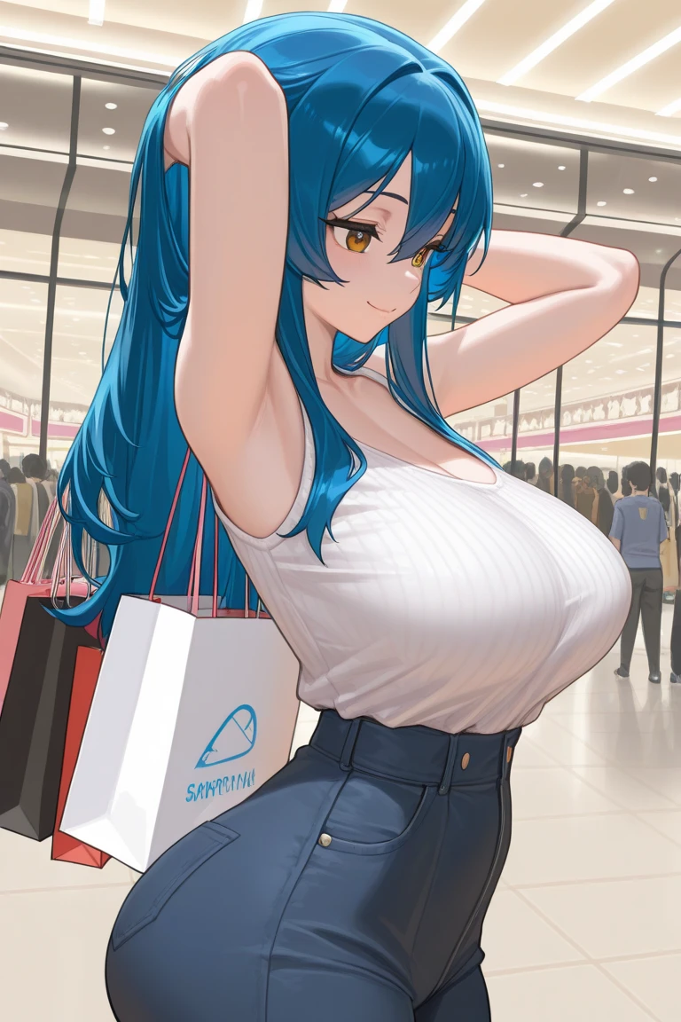 My name is Yukiko.I am a white test woman with long light blue  hair,red eye color.I am 1.62 cm tall . My breasts measure 200 cm, my waist 40 cm and my hips 200 cm. Dressed in black jeans short showing the string of the thong at my waist and a red sports bra . With huge breasts 200 cm