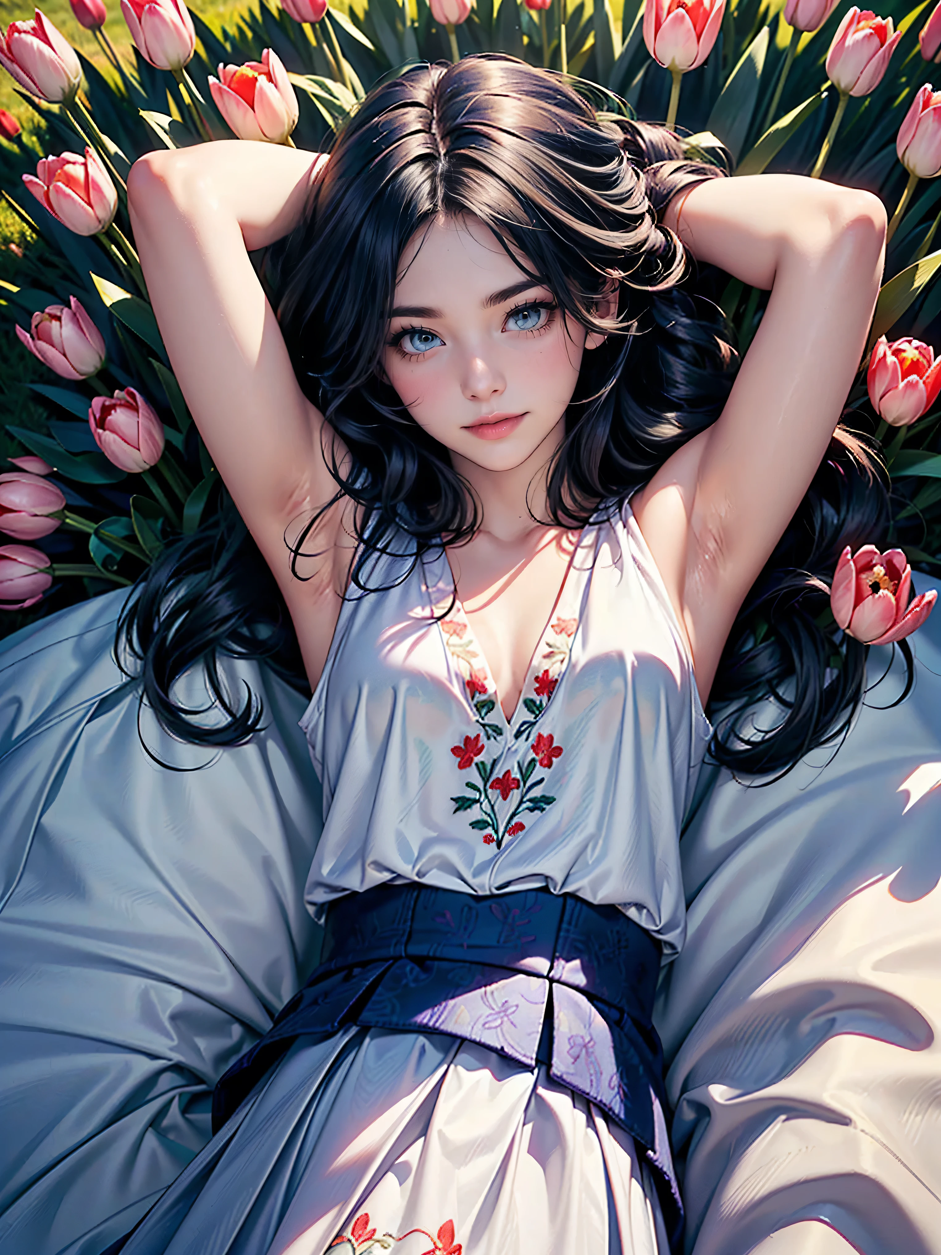 melancholy lighting, quiet, calm, brightness, masterpiece, best quality, 1girl, (JinxLol:1.2), (ultra photorealistic:1.3), (masterpiece:1.4), best quality, ((realistic)), high quality, ultra detailed, ((Real image)), ((realistic skin)), ((realistic face)),(illustration:1.05), (beautiful:1.05), (beautiful detailed eyes:1.05), (cinematic light:1.1), Full body, precise proportions, 18-year-old girl, skinny model lying on the grass, surrounding garden, tree shadow, hair fluttering in the wind, tulle, long legs, feet slightly open, buttocks, blush, shyness, collarbone, abdominals, double weave, beautiful and delicate face, fair skin, real skin, (face detail), pores, super high resolution, 8k, parameters Best quality, masterpiece, super high resolution, (Realistic 2.0), More details, detailed skin, no panties, wide smile, white teeth, voluminous hair, perfect and well designed eyes, girlfriend, beautiful, beautiful, flowers, studio lighting