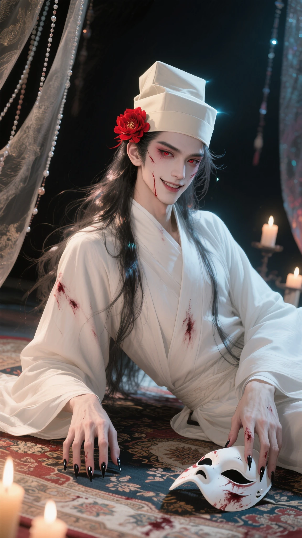 Character with long black hair with multiple eye tattoos, big red eyes, red robes