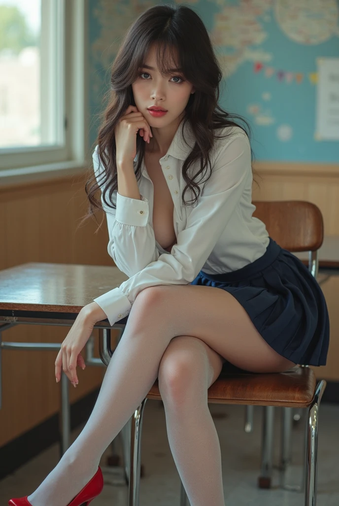 ultra realistic 8k cg, picture-perfect face, flawless, clean, masterpiece, professional artwork, famous artwork, perfect face, beautiful face, beautiful eyes, ((perfect female body)), solo,(immersive atmosphere, chiaroscuro:1.5,bright light:1.2,luminous lighting),(blush:0.5),seductive expression,extremely detailed_eyes,thick thighs,small breasts,beautifully detailed background,depth of field,realistic:1.3, long shot,1girl,buttoned shirt, red pleated skirt, sitting, full body, (ambient light:1.3),(cinematic composition:1.3),(neon lights:0.1),(HDR:0.1),Accent Lighting, sexy long legs, classroom, Barbara palvin,from below