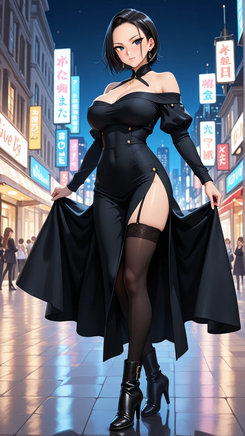 professional artwork, Intricate Details, field of view, sharp focus, detailed painting, photorealistic lighting, trending on pixiv, Standing at attention, black outfit ,yellow collared shirt,black and red bodysuit,skin_tight,black legwear, black pantyhose, Side_boob, black hair,very long hair, Bangs,yellow eyes,makeup, lipstick, 20yo,mature female,Beautiful Finger,Beautiful long legs,Beautiful body,Beautiful Nose,Beautiful character design, perfect eyes, perfect face, looking at viewer,official art,extremely detailed CG unreal engine 8k wallpaper, perfect lighting,Colorful, Bright_Front_face_Lighting, (masterpiece:1.0),(best_quality:1.0), ultra high res,4K,ultra-detailed, photography, 8K, HDR, highres, absurdres:1.2, Kodak portra 400, film grain, blurry background, (Beautiful,large_Breasts:1.4), (beautiful_face:1.5),(narrow_waist), (solo:1.4), ((landscape dimension)), rich detailed makeup, rich detailed eyeshadow, rich detailed lips, rich detailed lipstick, beautiful detail eyes