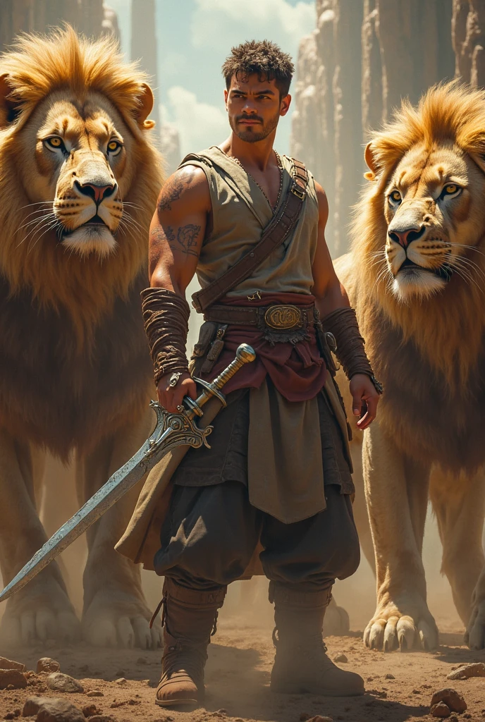 a strong man, wearing no shirt, with a sword, 
 cowboy style, at a forest, with lions around him. 