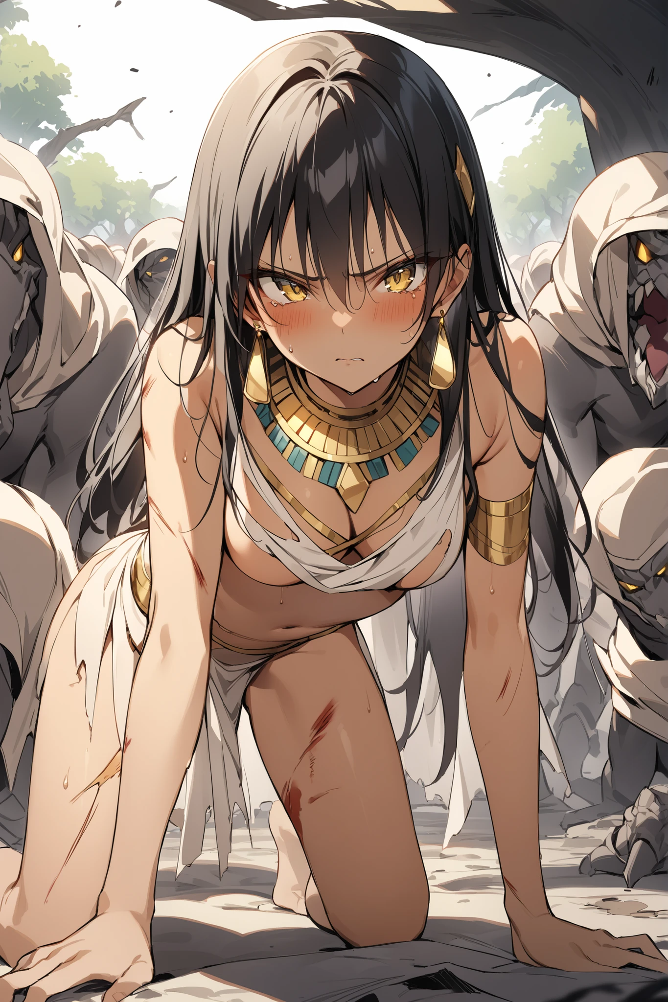 ((masterpiece,Highest Quality:1.2)),(soro),An ancient Egyptian princess with a slender figure and thin legs who is defeated and surrounded by many monsters on the dark battlefield、and crawls on all fours on the ground,cowboy shot, healthy tan skin ,Injury to the whole body,sweat,black long hair,Perfect yellow eyes, tree eyes ,serious expression,sheds tears,A hair accessory with luxurious gold ornaments,Ancient Egyptian costume with torn white undertones,Gold Earrings