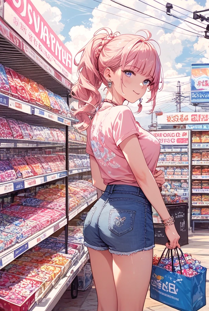 (Masterpiece, high quality), 1 girl, , flat chest, COLORFUL T-shirt, (colorful panties), wide, in a clothing store, (choosing clothes), SMILE, vibrant colors, best shadows, volumetric lighting, watercolor
