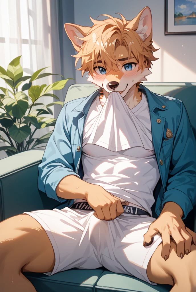 (cat, furry, anthropomorphic), Male, inside, livingroom, (pink fur), wearing shirt, wearing shorts, Fur all around body,