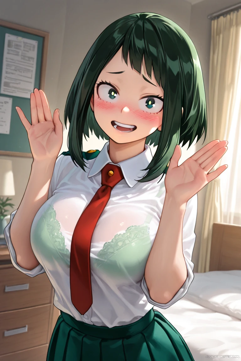 hight resolution, Nakano Nino, 1girl in, Pink hair, Short hair, Colossal tits, butterfly hair ornament, Large breasts, cleavage, be shy,Green skirt, Black cardigan,white shirt, Collared shirt, Open your clothes, Voluptuous thighs, extra limb, extra digit / fewer digit, Breast Focus, Cowboy Shot, From below, Seductive smile, Tongue out,huge-breasted, Leaning forward, see through, ((Crawling on all fours)), breast hold, ((huge-breasted))