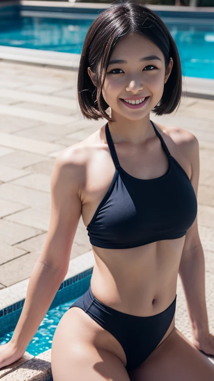 melhor qualidade, ultra-high resolution, (Fidelidade: 1.4), Hiper Realismo, 1 garota, olhando para o espectador, sorridente, Bonitinho, corpo todo, Rua, ao ar livre, camiseta branca transparente para parte superior do corpo, Copo C Solto Rosa, The lower body is a beige short skirt with hips, Pele macia, um rosto redondo fofo e charmoso, Muito detalhado, Delicate collarbone, Colar Safira, figura encantadora com o bico do beido sem o surdian