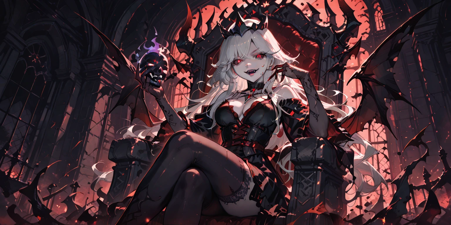 8k, masterpiece, mature woman, (scathach_ffxiv), (upper body), looking at viewer, flat chest, side view, leotard, gothic, sexy, lying on stomach, ((glowing red eyes)), bokeh, evil grin, bedroom eyes, face focus