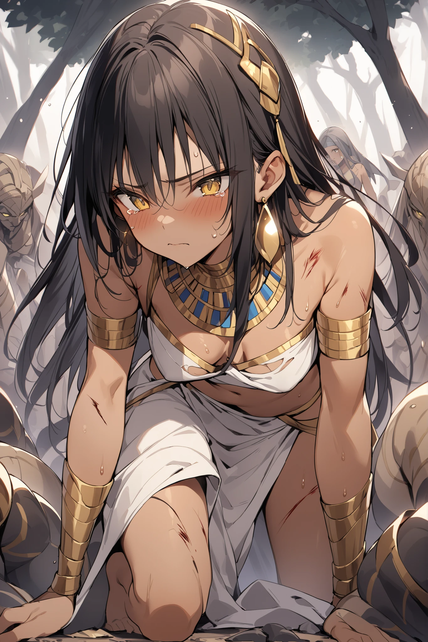 ((masterpiece,Highest Quality:1.2)),(soro),An ancient Egyptian princess with a slender figure and thin legs who is defeated and surrounded by many monsters on the dark battlefield、and crawls on all fours on the ground,cowboy shot, healthy tan skin ,Injury to the whole body,sweat,black long hair,Perfect yellow eyes, tree eyes ,serious expression,sheds tears,A hair accessory with luxurious gold ornaments,Ancient Egyptian costume with torn white undertones,Gold Earrings