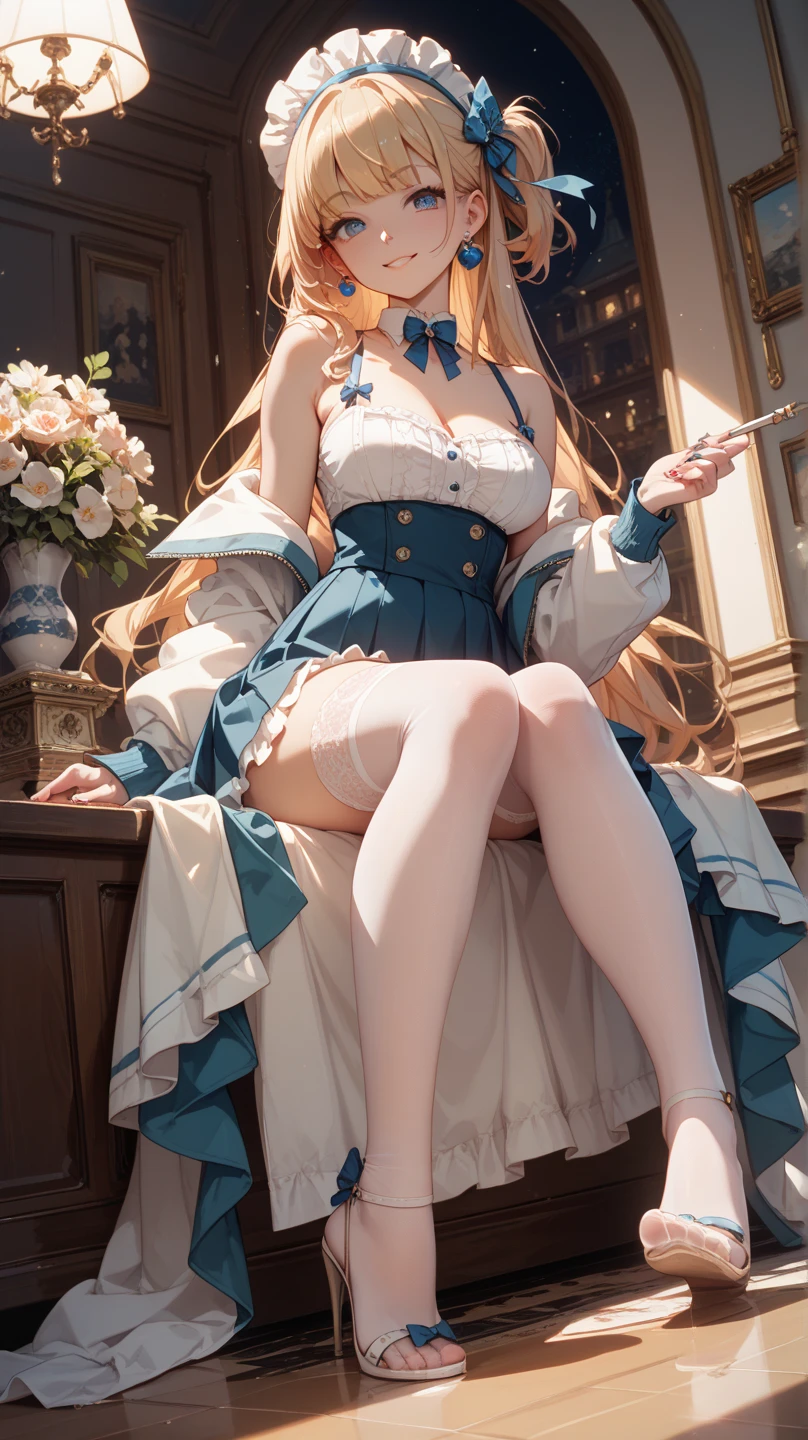 Photorealistic, pale light, 22 year old beautiful woman, white ruffled blouse, blue ruffled skirt, gray-brown hair with ribbon, ruffled ankle socks, sitting with straight legs on the bed, soles of socks, library background