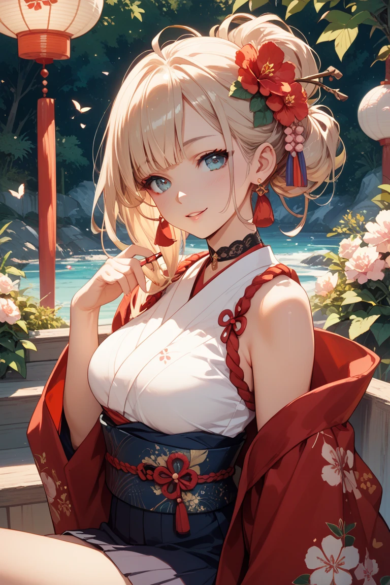 masterpiece、highest quality,Very detailed, Absurd beauty、(1 beautiful girl、Medium Hair、One eye hidden,、blonde、Very ample breasts)、Keep your head small、Flower pattern kimono、Oran Style、Accentuate your cleavage、shoulder、A cloth wrapped around the hem of a kimono、Holding a red Japanese umbrella、smile、Shyness、Japanese garden、fantastic garden