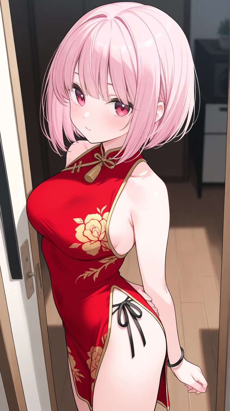 nsfw,((Masterpiece)),((high resolution)),((Best Quality)),Anime illustration,((1girl)),(wavy hair),(short hair),(pale pink hair color),small ponytail,Red eyes,(Big round eyes),((tareme)),12 years old,((loli face)),((very big breasts)),Short stature,,,china dress,blush,I'm very embarrassed,arms up behind,