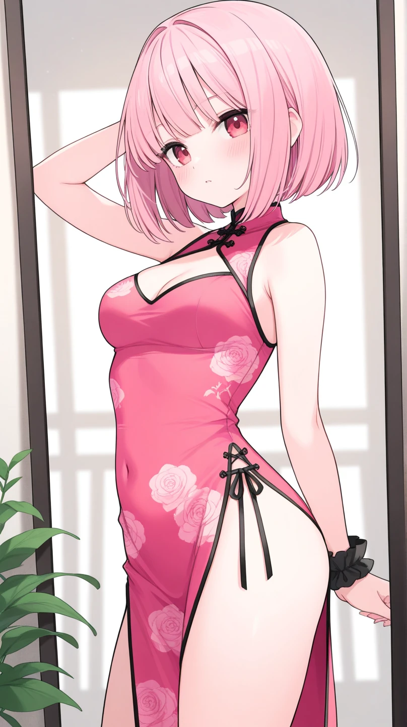 nsfw,((Masterpiece)),((high resolution)),((Best Quality)),Anime illustration,((1girl)),(wavy hair),(short hair),(pale pink hair color),small ponytail,Red eyes,(Big round eyes),((tareme)),12 years old,((loli face)),((very big breasts)),Short stature,,,china dress,blush,I'm very embarrassed,arms up behind,