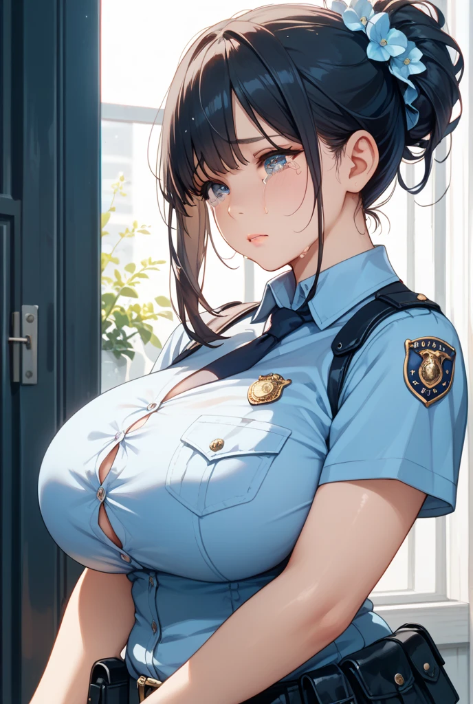 Anime illustration、highest quality、A policewoman cracks down on parking violations downtown、High alert、Perfect proportions、Extra large breasts、Fatty legs、Clear eyes、Sweaty、Cowboy Shot