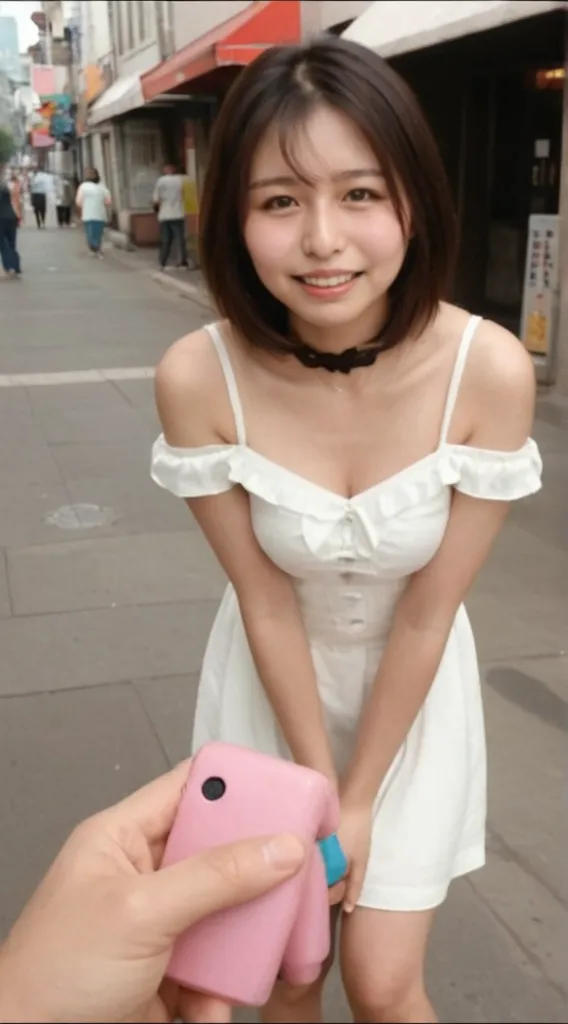(8KHigh resolution), (highest quality), (RAW Image Quality), (Tabletop:1.2), (Realistic), (Realistic:1.37), Long eyelashes, Exquisite（Live-action Realistic style)、The ultimate face, Realistic light and shadow, Distinctive facial features, Milky skin, Fair skin, Skin with attention to detail, Realistic skin details, Visible pores,（Very detailed）, updo hair style, Take the best portraits, Close-range shooting, Very detailed, One Girl, cute, Beautiful and beautiful eyes, Beautiful and sophisticated nose, Very detailedな肌、(eye contact), (braless:1.3), Medium Breasted:1.7)、show cleavage, ((Medium sized chest:1.4))、(Beautiful face with double eyelids), ((Full-body image)), plumy body, (realism: 1.4), High resolution, Great details, ultra High resolution、((I look down while laughting and call:1.4))、 ((woman with happy expression:1.4))、Favorite Details, High condensation, Delicate and beautiful face, 25-year-old, (Beautiful Face 1.4), ((White short-sleeved open-collar shirt:1.4))、(A denim mini skirt:1.3)、((Photo taken on the sidewalk:1.4))、((While laughting、Calling on your smartphone:1.4))、((have a handbag:1.4))、((Making a phone call:1.4))、barefoot wearing sandal, back ground: busy station.