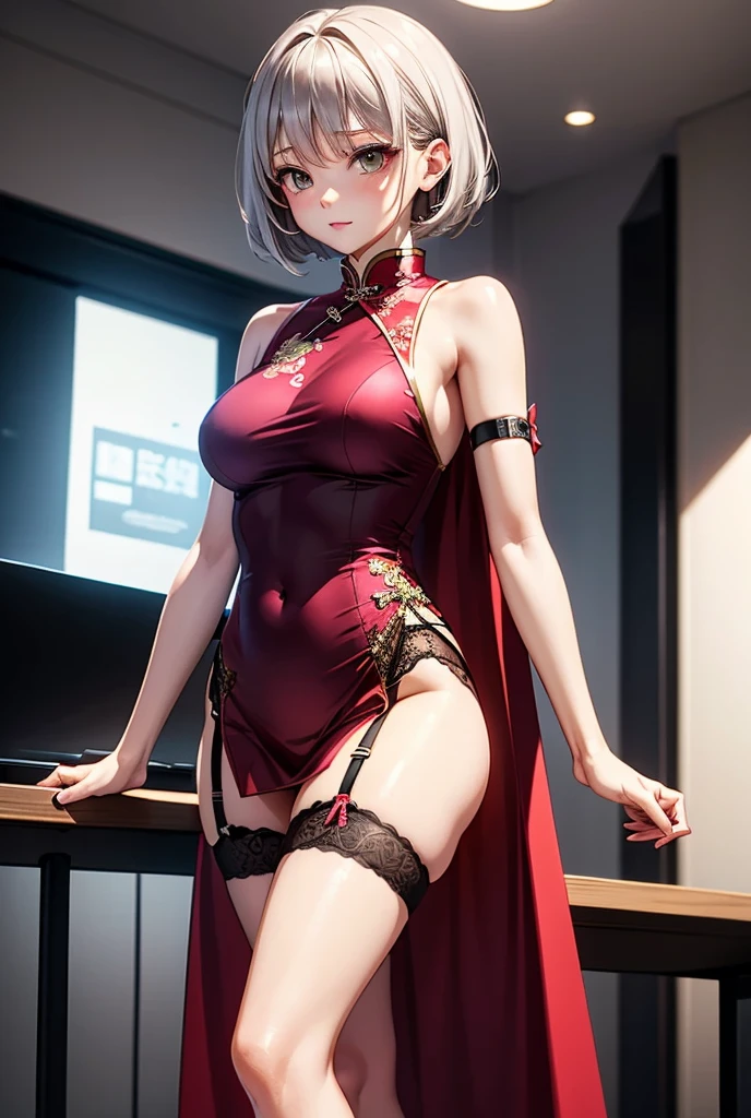 young girl 15 years old, short silver bob hair, hair flower, sharp bangs between the eyes, yellow eyes, eyes large, dominant look, cold stare, somewhat angry expression. traditional chinese imperial clothes black with gold details, red skirt, black thigh high socks. slenderbody. On your knees on the bed, kneeling. front point of view, far view. in a Japanese room, at night, with full moon in the background, light reflecting on the sexy and sweaty body. (((sweat)))
