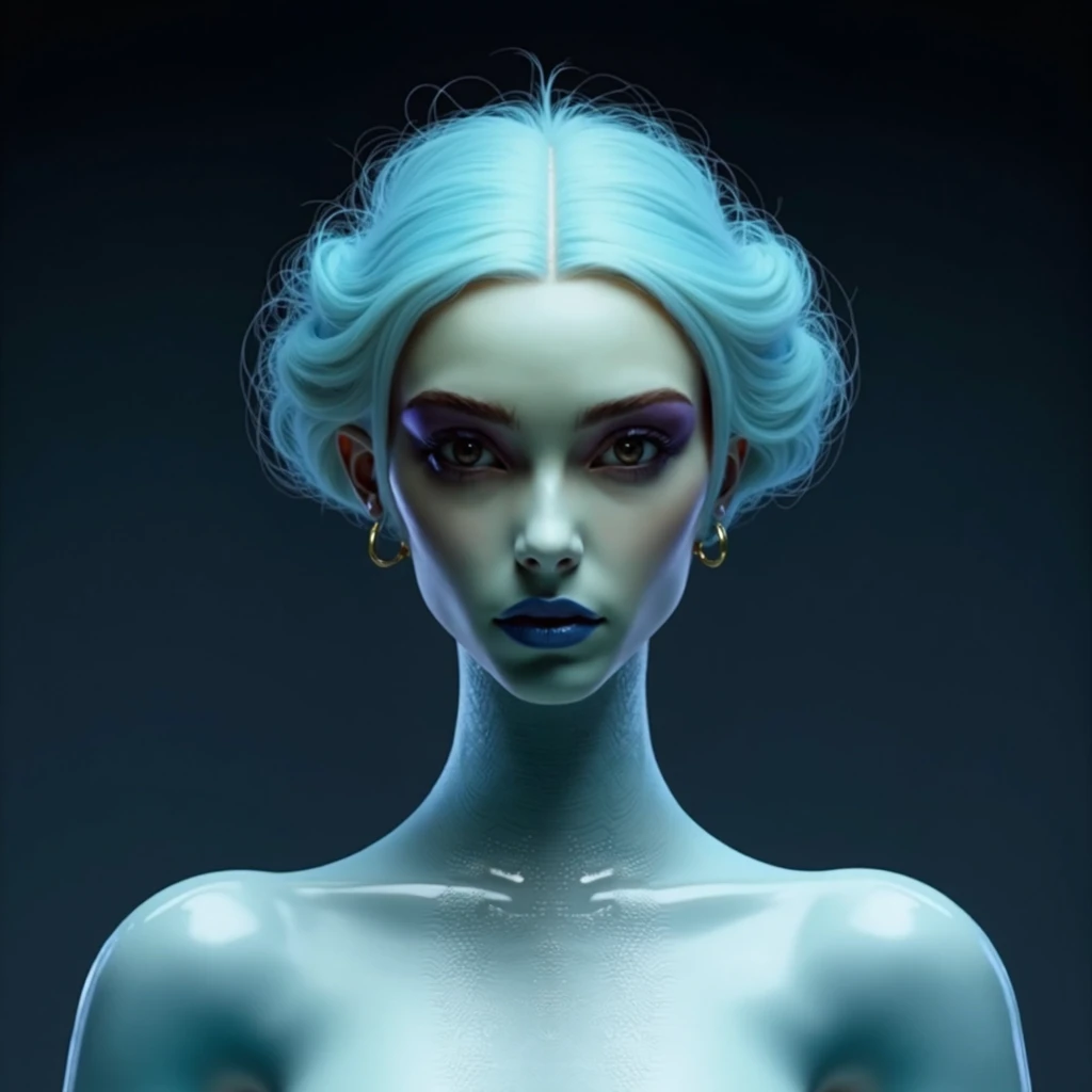 Uncanny valley, surreal, silicone robot, humanoid android inspired by person, android, latex clothing, plastic hair, metal, plastic, silicone, rubber, smile, huge tits, 
bukkake, cum, cum on face,<lora:bukkakeLora_v10:1.3>,