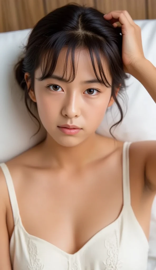 Real, Best Quality, Girl, Very Young Beautiful Girl, High Resolution, Natural Skin, Portrait, Looking at Camera, Photo_Light, {{}}, Ulzzang-6500-v1.1:0.8 Facing forward, standing upright, no makeup, in front of an inorganic white wall indoors, string bikini, eyes wide.