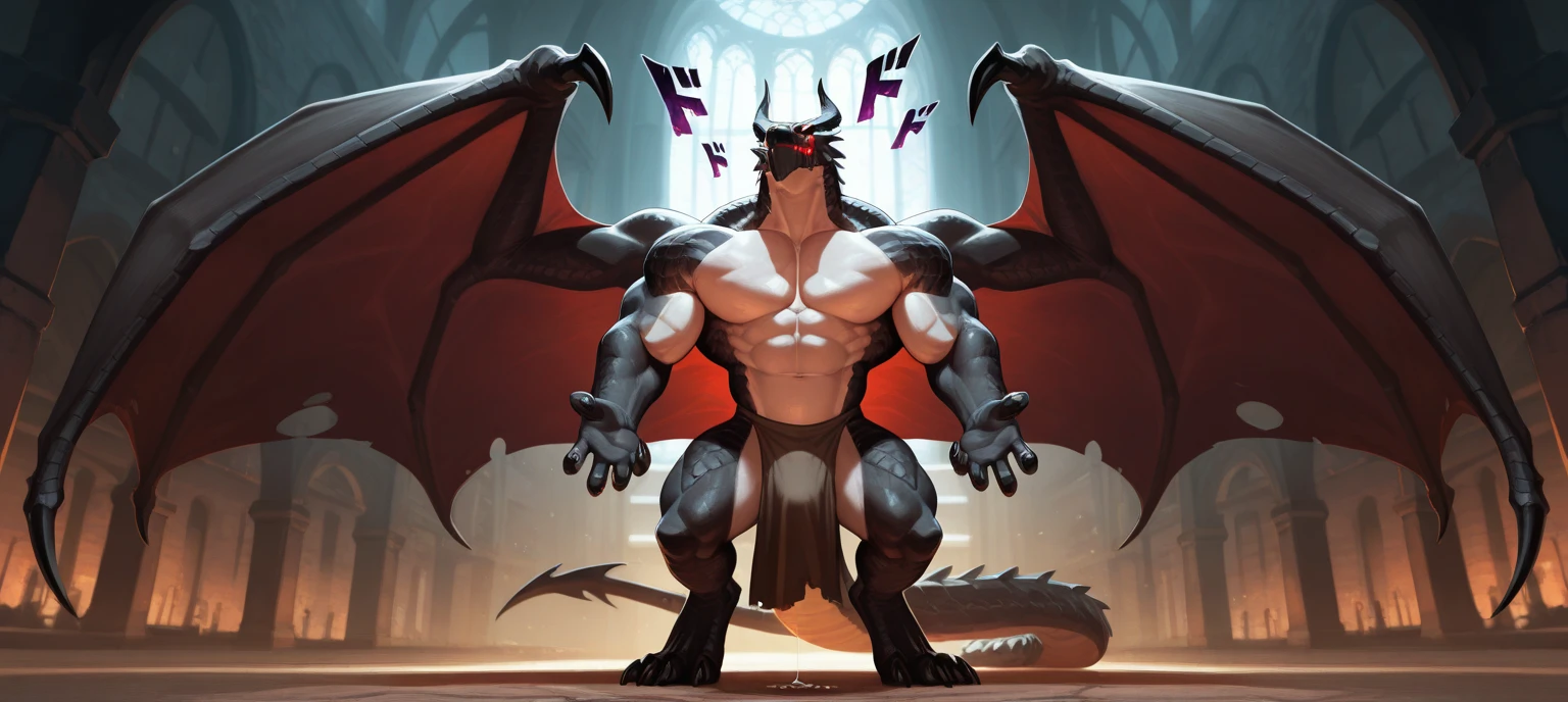 (Black Dragon) musculoso, atraente, perfeito, olhos vermelhos,cauda gigante, large tongue, dentes afiados, Intimidating appearance,sem camisa,asas negras gigantes.(maximum detail , Backlit, 4K)