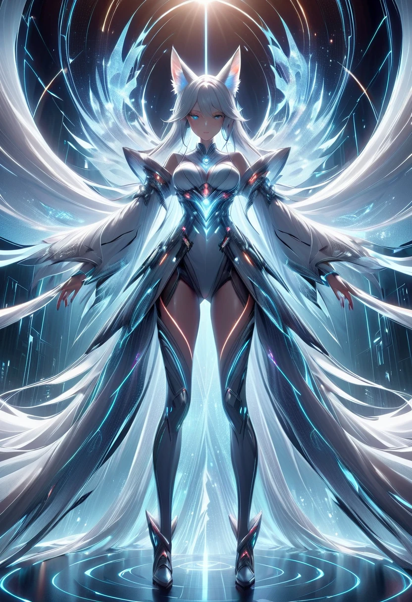 masterpiece, highest quality, highest resolution, clear_image, detailed details, white hair, long hair, 1 girl, car ears, red eyes, futuristic wings (12 wings), futuristic halo, white sci fi mecha dress, white scarf (around the neck with a light blue glow), white pantyhose, full body, no water marks, city, no extra limbs, no extra body