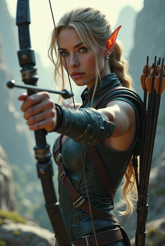 A 20 year old blonde woman in combat clothing。Against the backdrop of a devastated city、With her hair flowing, she drew her bow in a flowing stance.、About to release an arrow。