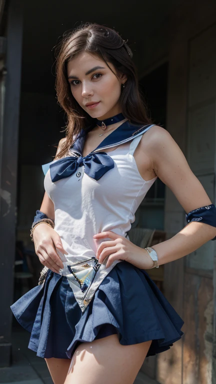 (Highly detailed CG unity 8k), (highest quality)，(very detailed)，(ultra high resolution), 1 female, white cloth gag, uniform, sailor suit, rope bondage, breasts rope bondage, hands back rope bondage, leg rope bondage, thigh rope bondage, bust rope bondage, feet rope bondage, Hands behind your hips, wrists tied behind the back, shackles the ankles, gag with a white cloth, Dark blue skirt, black hair, long hair, BDSM, 