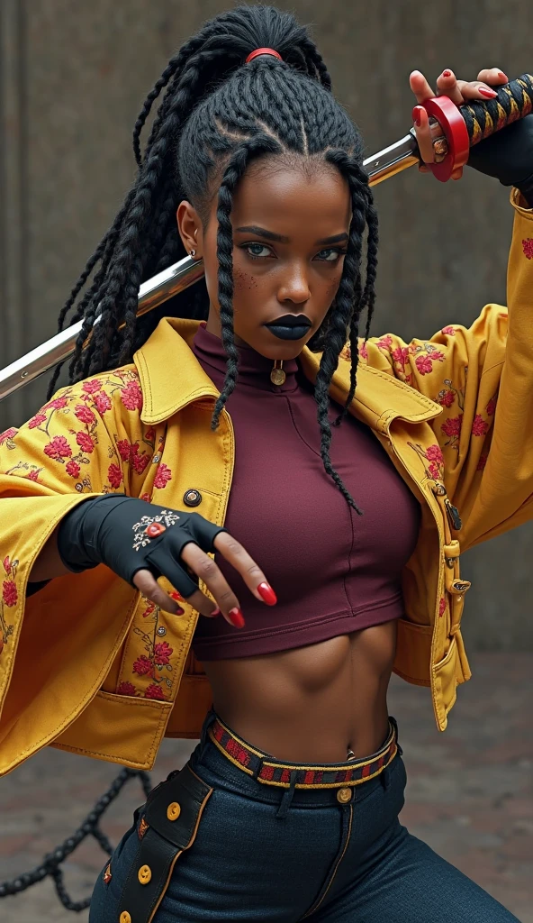 masterpiece,best quality,extreme detail,8k,kimberly2,1girl,solo,long hair,black hair,gloves,bow,brown eyes,jacket,hair bow,multicolored hair,hairband,dark skin,fingerless gloves,dark-skinned female,lips,red jacket,forehead,cropped jacket,wide hips,nose,bow hairband,very dark skin,cowboy_shot,street background,pants,