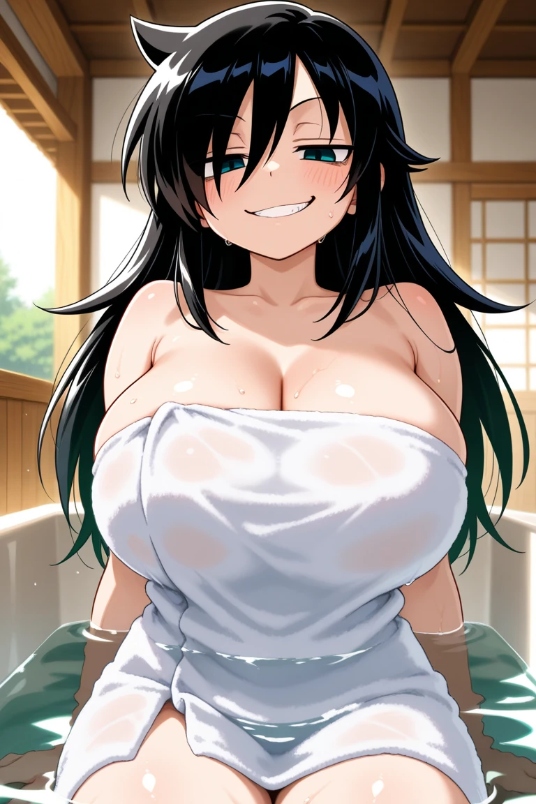 Retsu unohana bleach, Madura, long black hair, big breasts, big shiny thighs, older, naked and sexy with her breasts out, horny face, showing breasts