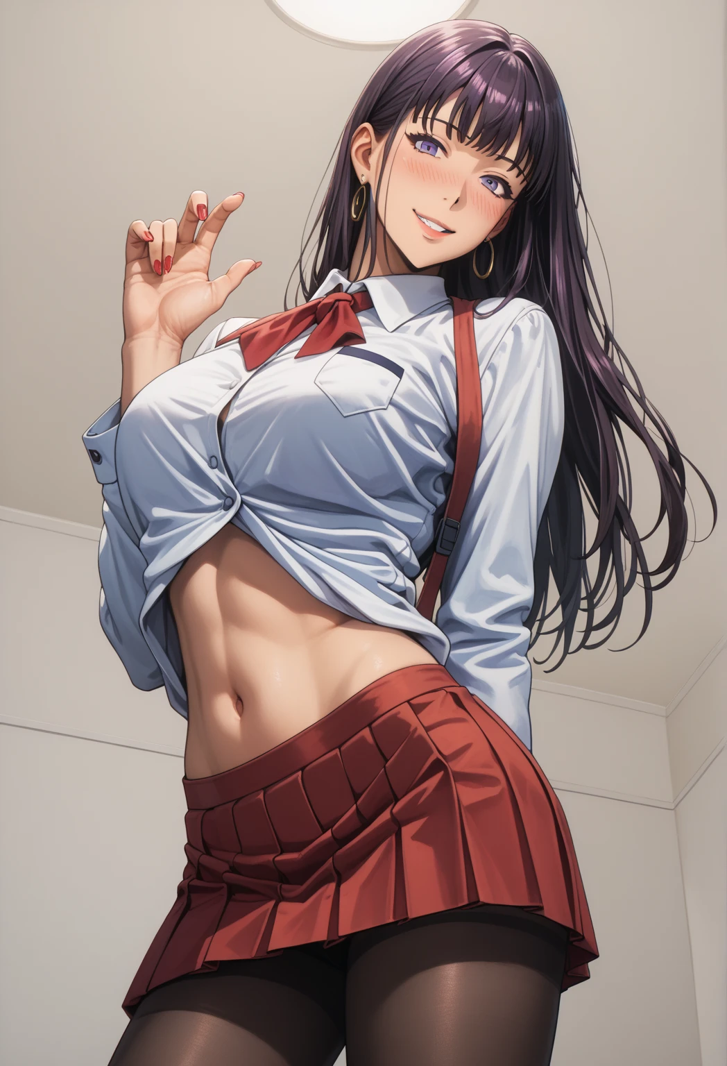 Beautiful illustrations、Highest quality、Bedroom、Curly pink hair、Curly hair length、(((Pink pleated skirt)))、(((Pink Sailor Suit)))、Short sleeve、Brown Skin、Lift up your skirt with your hands、Showing white panties、Lift up your skirt and show me your panties、barefoot、Pink Eyes、On the bed、Nice thighs、Shining thighs, Dark Skin++, Grin, Tsundere、(masterpiece, best quality),
1girl, (clothes lift:1.5), hands up,
break girl, long hair, red eyes, school uniform, white shirt, embarrassed, nose blush, pink bra, lace bra, (underboob:1.5)
BREAK background, classroom、Underboob、Nipple erection、