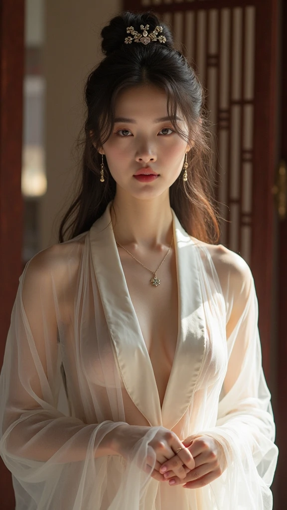 1mulher,Asian,mulher, corpo perfeito, roupa medieval, scenecy: Palace in the Desert, Cabelo Flutuante,corpo inteiro, olhando para o espectador, luz natural,solo, princesa, detalhes, highes definition,