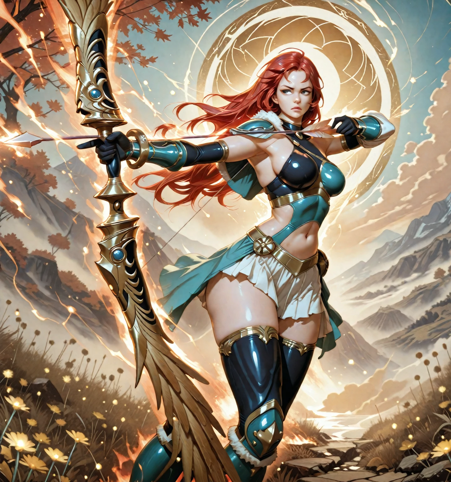 a fierce female warrior, beautiful detailed eyes, flowing hair, elegant and confident posture, vibrant colors, highres, fantasy concept art, feathers, vivid reds and golds, dynamic action, weapon in hand, mysterious forest backdrop, soft lighting, intense gaze, capturing the spirit of adventure
