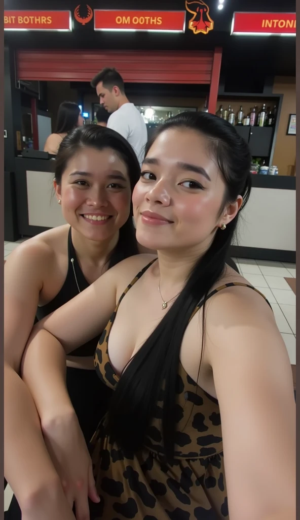 there are two women taking a selfie together in a bar, posing together in bra, 2 , 2, leaked photo, 2 , 1, older sister vibes, she is about 20 years old, she is about 2 0 years old, 2 , 2 , leaked image, Big tits, huge tits, from above, major cleavage, cleavage showing, deep cleavage, low cut shirt, huge tits