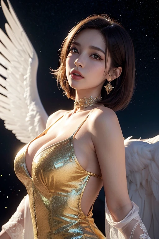 Ultra-detailed complex 3D rendering of the face, (Colossal: 8.8), (masterpiece, top quality, octane rendering, 8K), glamour shot full body image, cleavage, (highly detailed skin: 1.2), (exposure: 1.1), (blonde), (wearing a plummet tank top of gold silk: 1.5)), blonde hair, beautiful Caucasian woman with full soft breasts and white skin, one with big ass, long braided hair, big breasts, dynamic angle, mystical expression, ultra-realistic photography, (((((portrait))), bare feet, futuristic city background, facial muscles, detailed and beautiful queen tiara, in the style of Marvel Comics, clear focus, studio photography, intricate details, highly detailed, detailed yellow eyes, sharp focus, digital rendering, professional, abs, ((((sexy pose))), natural jungle, open mouth lightly, mansle, open crotch, seductive look, angel ring, detailed angel wings, angel ring, detailed mouth inside,